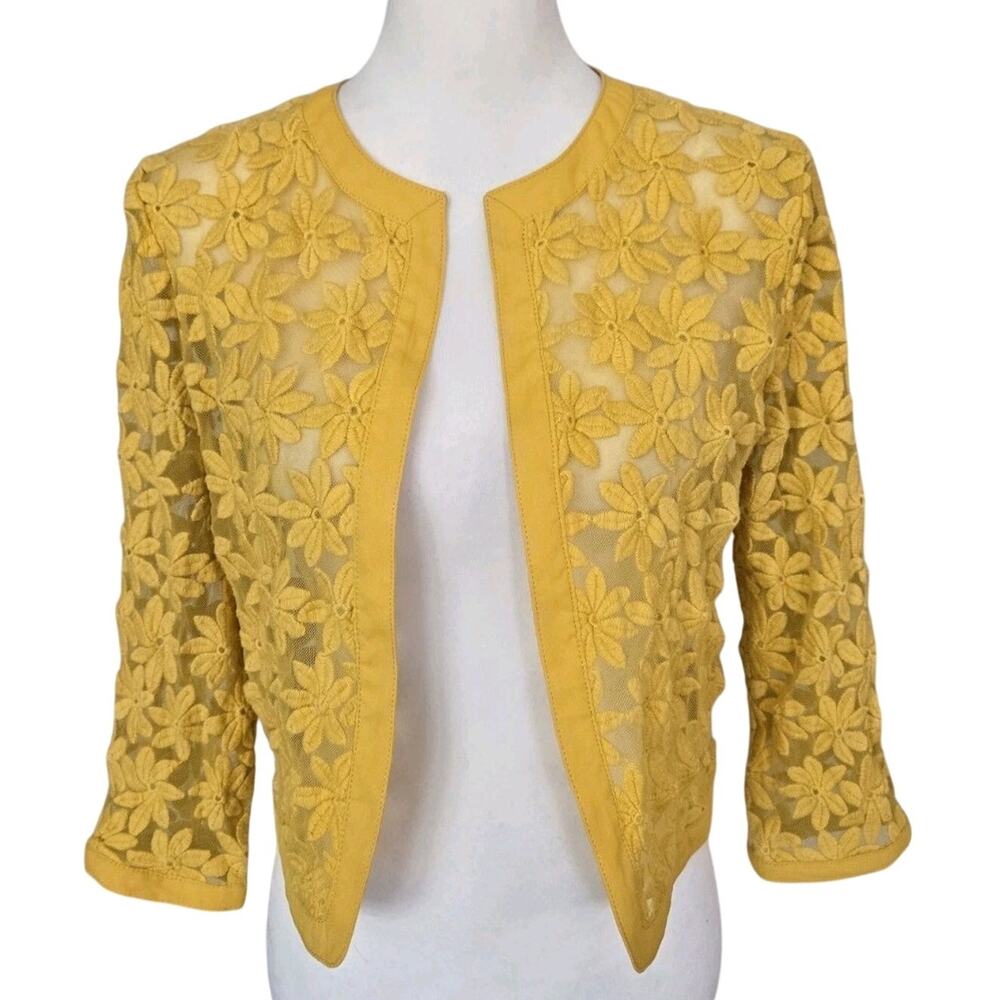 Yellow Floral Lace Sheer Jacket Academia Preppy Cardigan Anne Klein Sz 8